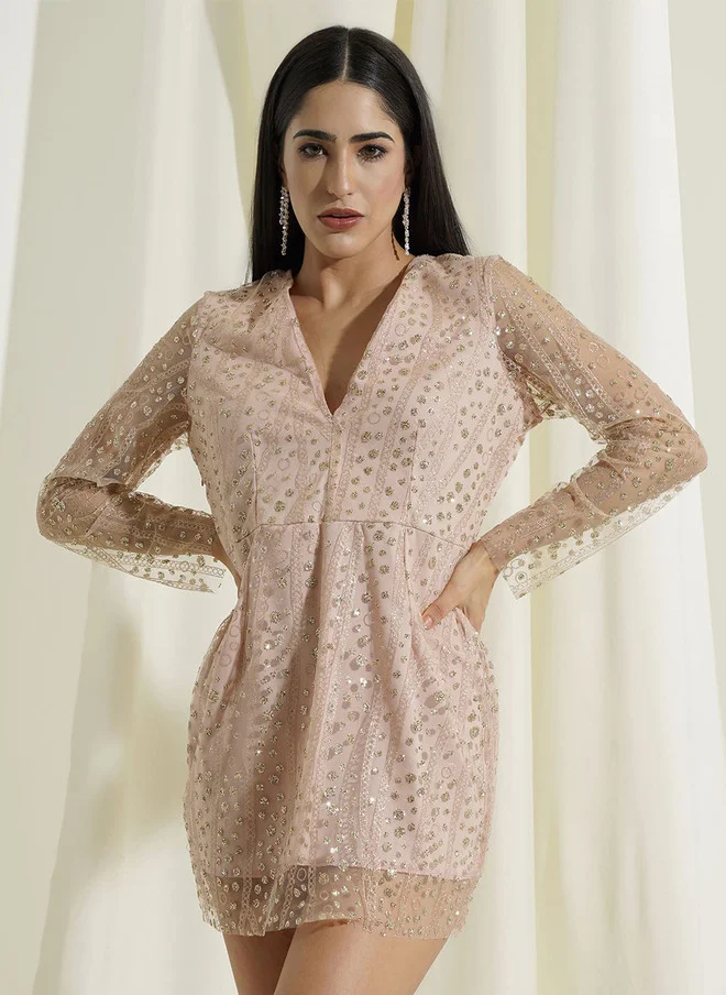 PRIZO PRIZO Embellished Self Design V-Neck Straight A-Line Dress